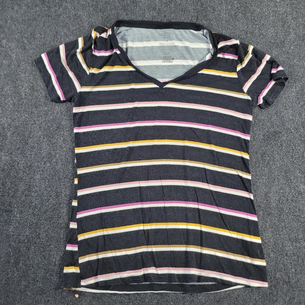 Nine West Soft Spun Striped V-Neck T-Shirt Navy Pink Yellow White Small